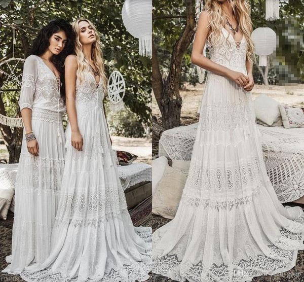 Flowy Chiffon lace Beach Boho Wedding Dresses Modest Inbal Raviv Vintage Crochet Lace V-neck Summer Holiday Country Bridal Dress