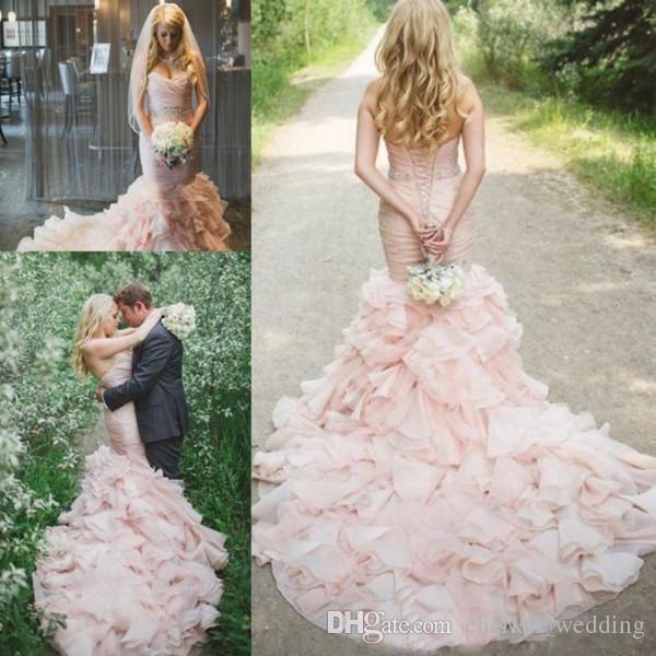 Country Blush Pink Wedding Dresses Mermaid Sweetheart Sweep Train Bridal Gowns With Crystal Sash Tiered Skirts Organza Wedding Gowns