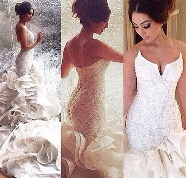cathedral train Sweetheart beaded Lace Ruffles Mermaid beach wedding Dresses backless luxury sparkly trumpet Bridal Gowns 2016 berta
