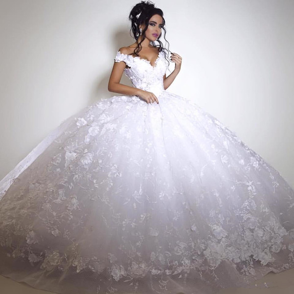 Dubai Lace Wedding Dresses Vintage Big Ball Gown Arabic Bridal Gowns Off Shoulder Lace Up Back Floor Length White Ivory Gorgeous Dress