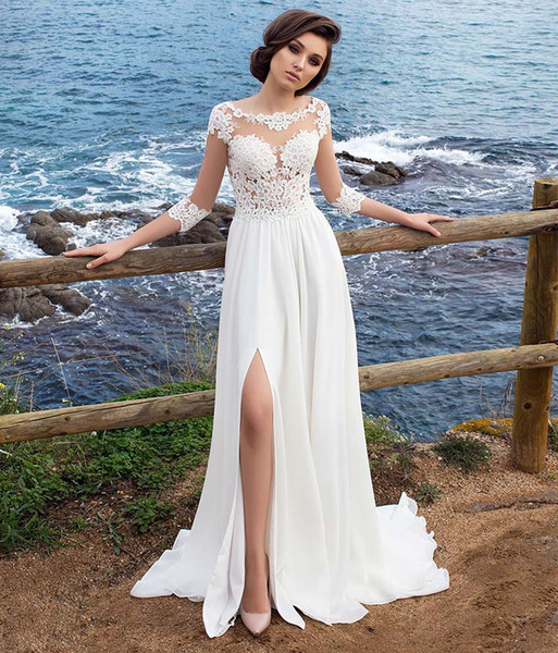 3/4 Long Sleeves Beach Bohemian Wedding Dresses Chiffon Scoop Neck Appliques Long Bridal Gowns With Side Split
