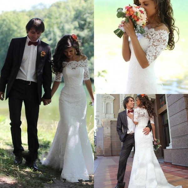 Full Lace Wedding Dresses Mermaid Off Shoulder Half Sleeve Sweep Train Bridal Gowns For Wedding Cheap Custom Made