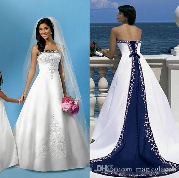 2017 Vintage White And Blue A-Line Wedding Dresses with Strapless Sleeveless Pastels Stain Plus Size Long Church Formal Bridal Gowns Princes