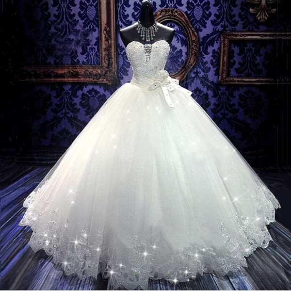 2017 High Quality Real Photoes Bling Bling Crystal Wedding Dresses Back Bandage Tulle Appliques Floor-Length Ball Gown Wedding Gowns