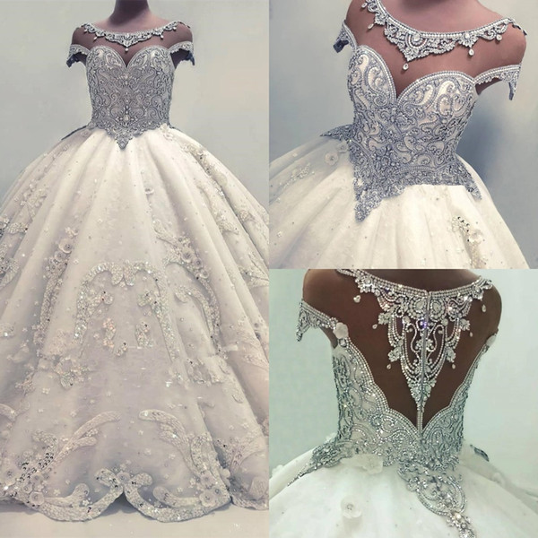 Newest Lace Crystals Short Sleeve Wedding Dresses Ball Gown Bridal Gown Charming Luxury Sequin Glamorous Ball Gown Floor Length