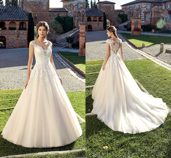 Sexy New Lace A Line Wedding Dresses Applique V Neck Floor Length Wedding Dress Bridal Gowns robes de mariée vestido de novia