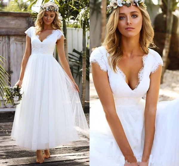 Vintage 1950s' Tea Length Short Wedding Dresses Lace Tulle Modest Cap Sleeve V-neck Bohemian Beach Garden Bridal Gowns vestido de novia