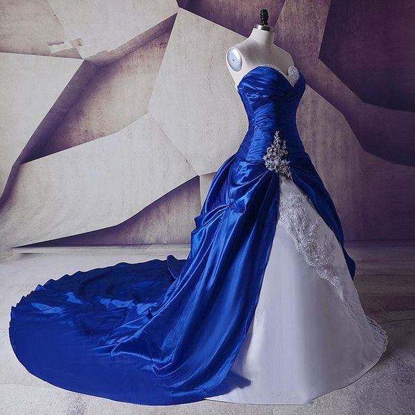 Shiny Real Image New White and Royal Blue A Line Wedding Dress Lace Taffeta Appliques Bridal Gown Beads Custom Made Crystal Fashionabl