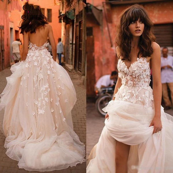 New 3D Floral Flowers Wedding Dresses V neck With straps Applique Lace A line Tulle Backless Wedding Gowns Bridal Women Country