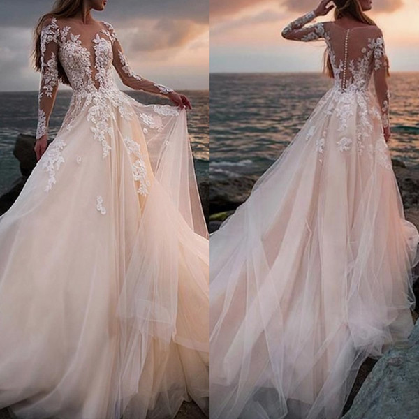 Stunning Champagne Tulle Wedding Dress Beach Appliques A Line Bridal Gown With Illusion Lace Long Sleeves vestido de novia