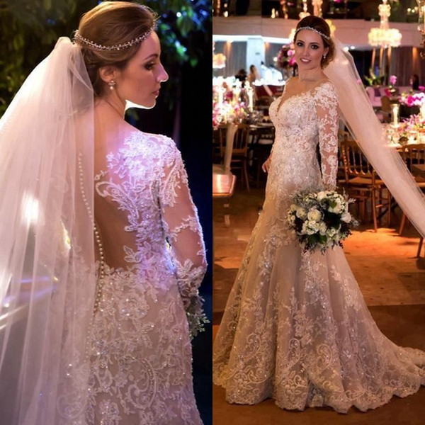 Arabia Dubai Pearls Beads Wedding Dresses Sparkly Crystal Lace Applique Long Sleeve Wedding Gowns Vintage V-Neck Mermaid Wedding Dress
