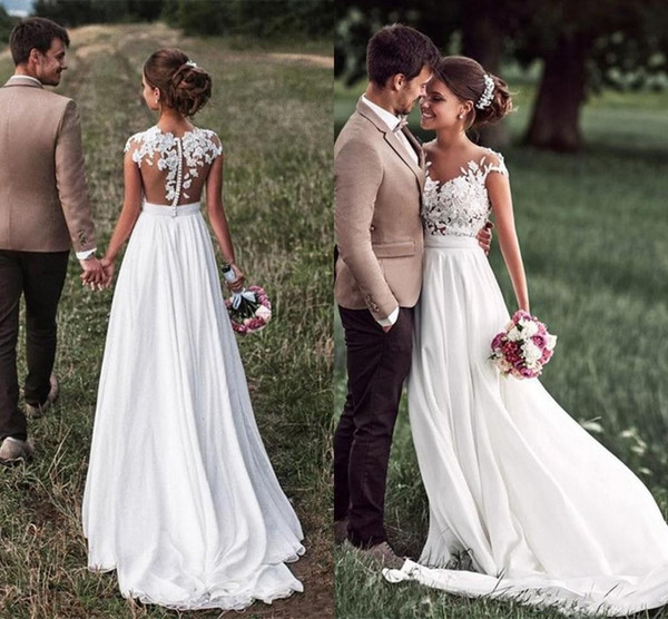 Country Style A Line Wedding Dresses Romantic Cap Sleeves Appliques Chiffon Long Bridal Gowns Beach Cheap