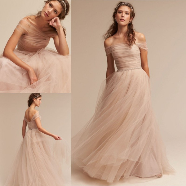 Nude BHLDN Wedding Dresses Off The Shoulder Delicate Sash Bridal Gowns Floor Length A Line Backless Wedding Gown