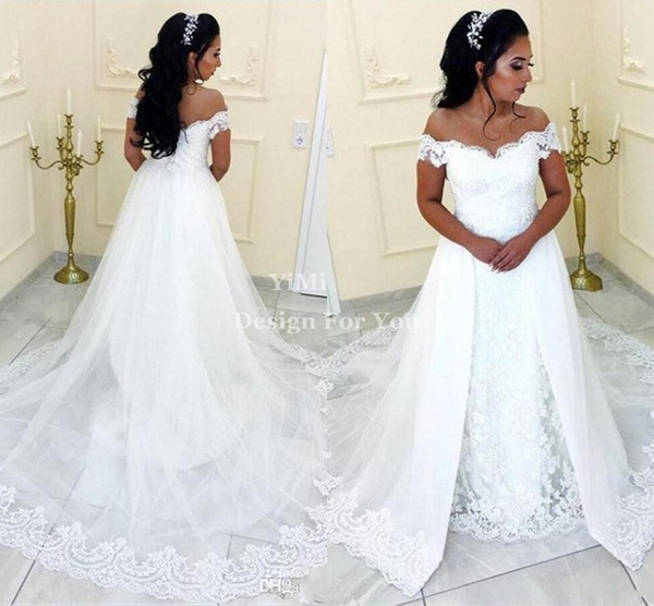 White Lace Mermaid Wedding Dresses With Over Skirt Off Shoulder Sweep Train Appliques Chapel Country Garden Arabic Bridal Gowns