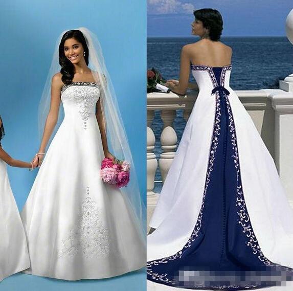 Hot White And Blue Satin Beach Wedding Dresses Strapless Embroidery Chapel Train Corset Custom Made Bridal Wedding Gowns For Church