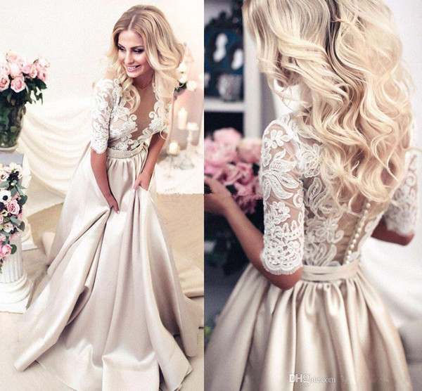 Champagne White Lace Wedding Dresses Half Long Sleeve Applique Wedding Gowns 2017 A Line Satin Bridal Gowns Illusion Bodice Custom Made