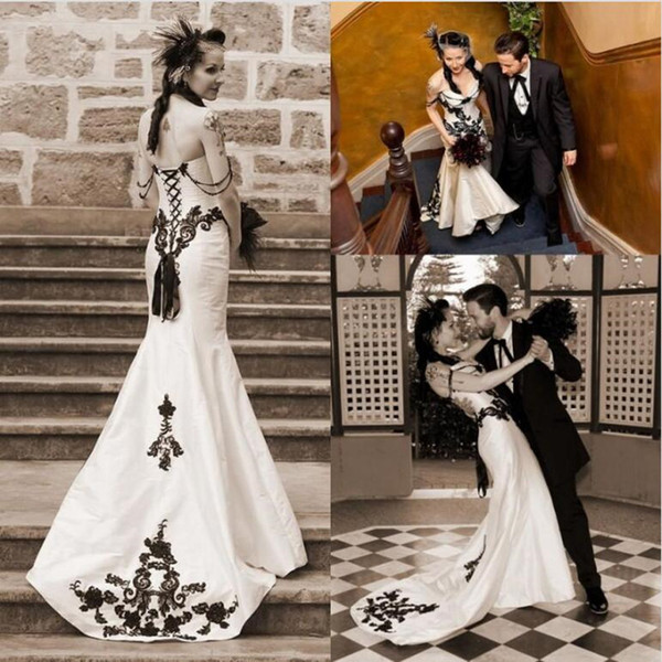 New Vintage White And Black Mermaid Wedding Dresses Elegant Lace Applique Beaded Wedding Bridal Gowns robe de mariage Garden Wedding Dresses