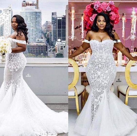 Mermaid Wedding Dresses Modest Plus Size Off Shoulder Trumpet Bridal Gowns Sweep Train Tulle Lace African Wedding Dress Custom Made
