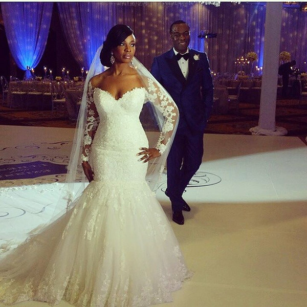 Plus Size Mermaid Wedding Dresses Off The Shoulder Long Sleeves Appliques Lace Custom Made Backless Wedding Gowns Chapel Train