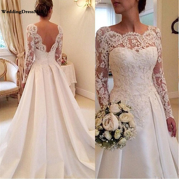 Long Sleeve Wedding Dresses A Line Sheer Neckline Backless Lace and Satin Bridal Wedding Gowns