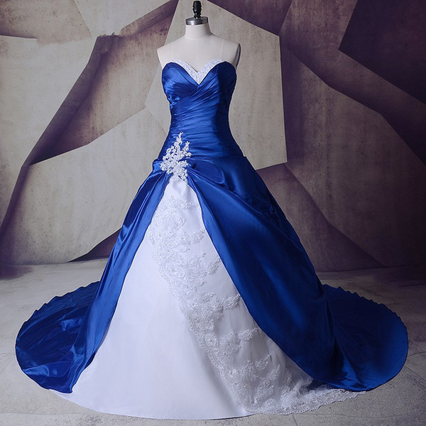 Shiny Real Image New White and Royal Blue A Line Wedding Dress Lace Taffeta Appliques Bridal Gown Beads Custom Made Crystal Fashionable