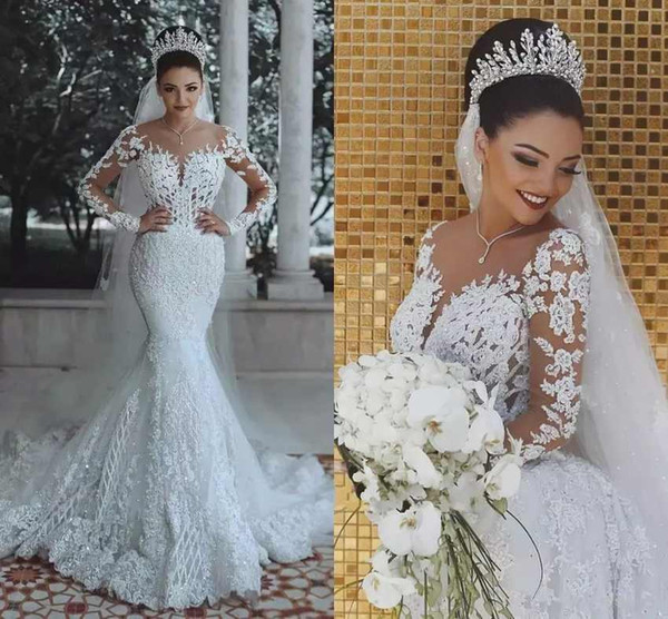 New Long Sleeves Mermaid Wedding Dresses Lace Appliques Sweep Train Custom Made Plus Size Bridal Gowns