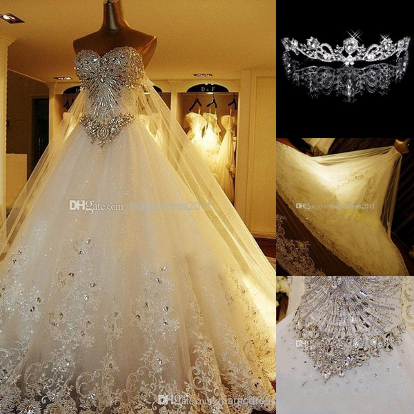 Luxury Crystal Wedding Dresses Lace Cathedral Lace-up Back Bridal Gowns 2016 A-Line Sweetheart Appliques Beaded Garden Free Crown