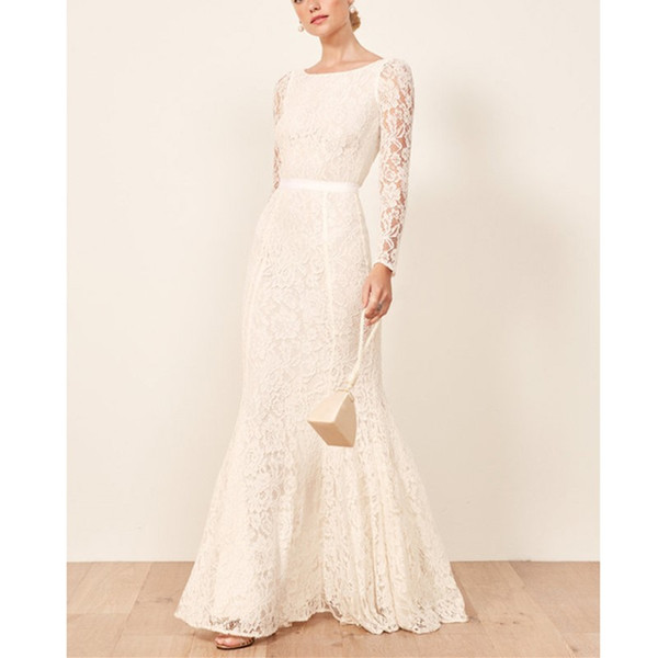 Simple Ivory Lace Mermaid Wedding Dresses Floor Length Backless Bridal Gowns Long Sleeves Church Bridal Dresses Robe De Mariée