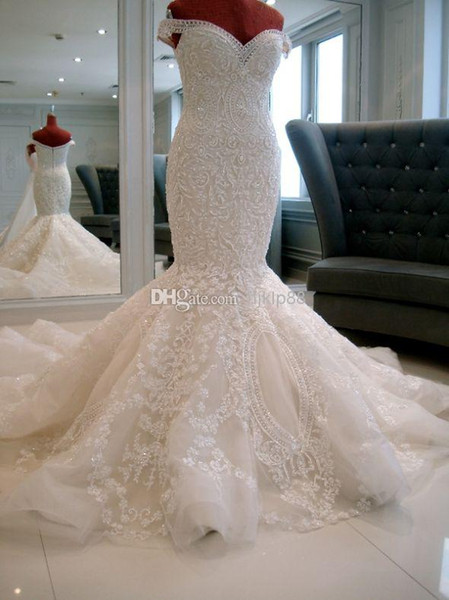 2016 New Arrival Michael Cinco Sheer Backless Garden Wedding Dresses Mermaid Off-Shoulder Elegant Ivory Lace Appliques Sequins Bridal Gowns