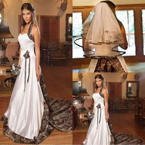 Modern Wedding Dresses 2016 Camo Pattern Satin Halter Sleeveless Court Train Bridal Gowns With Tiered Veils