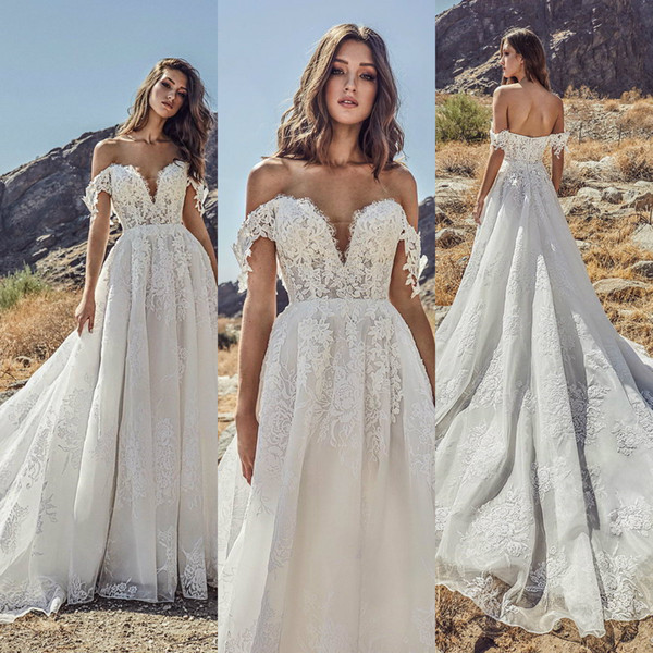 Julie Vino Beach Wedding Dresses Off Shoulder Lace Country Sweep Train Bridal Gowns Plus Size Bohemian Vestido De Novia