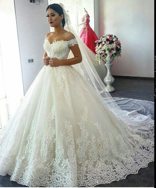 Real Pic Luxury Lace Ball Gown Wedding Dresses A Line Off Shoulder Sweep Train Bridal Gowns With Lace Applique Backless Wedding Gowns