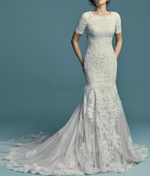 New Lace Appliques Mermaid Modest Wedding Dresses With Short Half Sleeves Jewel Neck Buttons Back LDS Wedding Gowns Sleeved Custom Made