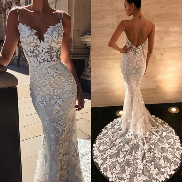 Gorgeous Open Back Spaghetti-Straps Mermaid Wedding Dresses Leaves Lace Zipper Back Fashion Bridal Wedding Gowns Illussion Top 