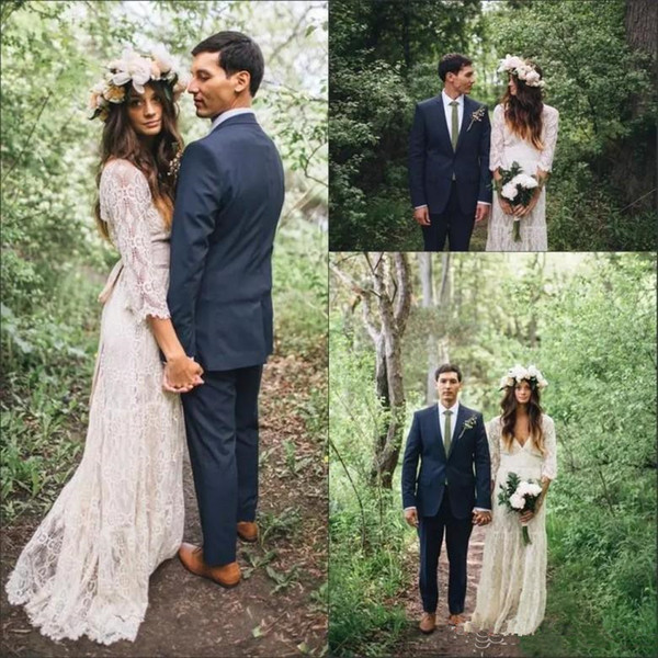 Vintage-Inspired Hippie Bohemian Wedding Dresses Long Sleeves Crochet V-neck Beach Boho Bridal Gowns Maxi Lace Wedding Dress