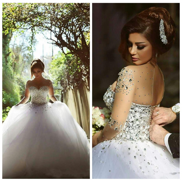 Sheer Long Sleeves Bling Bling Beaded Crystal A-Line Wedding Dresses Custom Lace Up Back Bridal Gowns Tulle Skirt Vestidos De Mariee