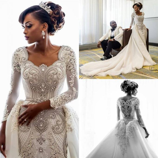 2019 Luxury Dubai Arabic Mermaid Wedding Dresses with Long Train Long Sleeves Beads Pearls Bridal Gowns Wedding Dress vestido de novia