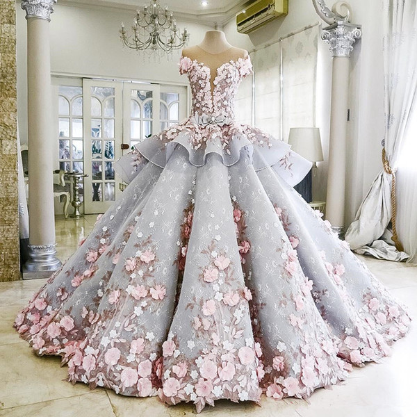 Charming Colorful Wedding Dresses Ball Gown 3D-Floral Appliques Flower Vintage Bling Backless Long Court Train Princess Bridal Gowns