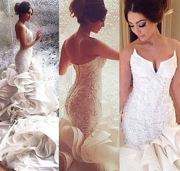 2016 Hot Sale Sexy Mermaid Wedding Dresses Lace Up Organza Chapel Train Lace Applique Bridal Gowns Custom Made 2015 Plus Size