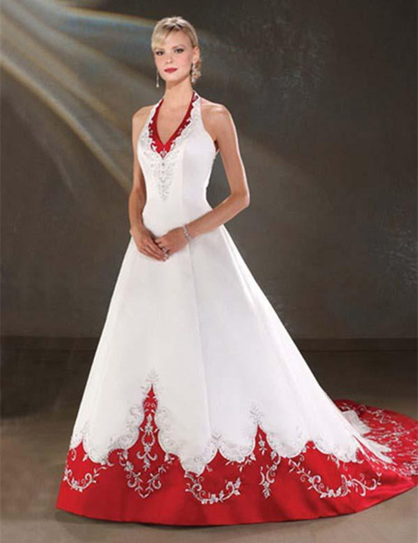 Vintage Design White and Red Wedding Dresses Halter Neck Beaded Embriodery A Line Satin Bridal Gowns Custom Made