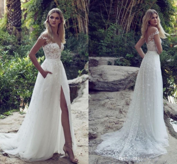 Newest Elegant Lace Appliques Tulle Beach Wedding Dresses High Split V Neck Backless Belt Country Limor Rosen 2017 Bridal Gowns