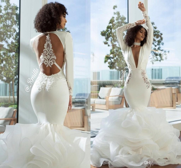 Elegant Arabic Dubai Mermaid Wedding Dresses Sexy Long Deep V Neck Long Sleeves Tiered Organza Open Back Bridal Gowns Cheap Custom Made