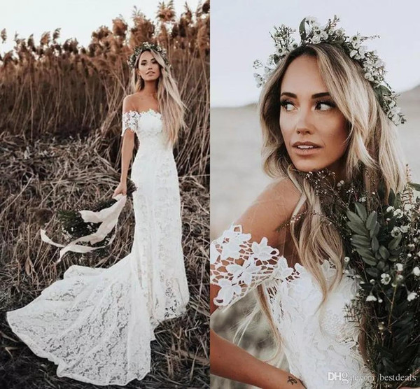 Elegant Boho Lace Mermaid Wedding Dresses Country Style Off The Shoulder Short Sleeves Bridal Dresses Beach Wedding Gowns Sweep Train
