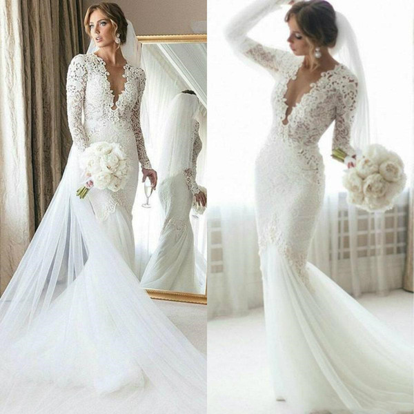 New Graceful Mermaid Wedding Dresses Illusion Deep V Neck Lace Applique Long Sleeves Spring Autum Bridal Gowns Cheap Plus Size Wedding Dress