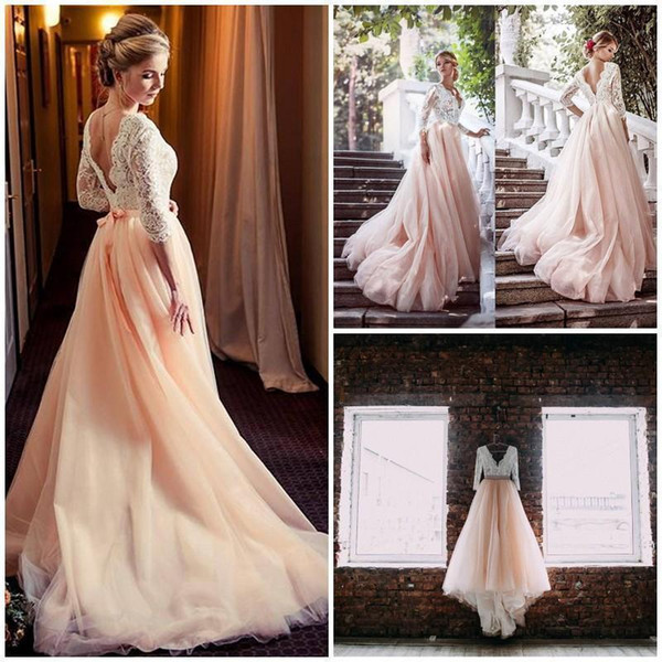 V Neck Long Sleeves A Line Tulle Blush Lace Open Back Sexy Beautiful Wedding Dress Wedding Gown New Coming