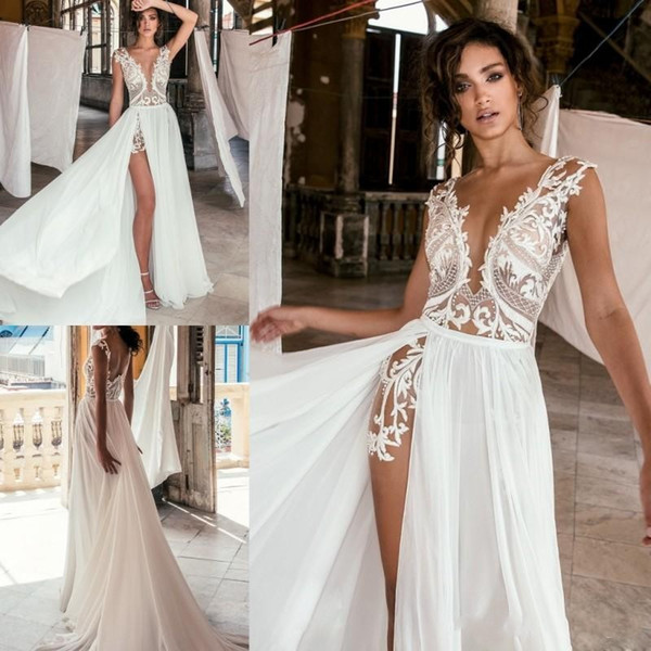 Sexy Julie Vino A Line Wedding Dress With High Split Cheap Deep V Neck Illusion Lace Applique Bridal Gowns Custom Made