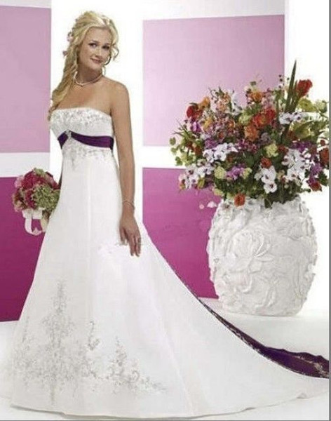 Hot Selling New Elegant White and Purple Emboridery Wedding Dresses Sleeveless Satin Court Train Strapless Bridal Gowns