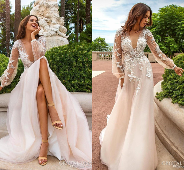 Sexy Champagne A-line Wedding Dresses Vintage Lace Bohemian Beach Long Sleeve Bridal Gown Deep V Neck Wedding Gown Custom Made