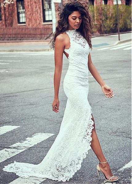 2017 New Summer Bohemian Sexy Backless Sheath Wedding Dresses Halter High Splits Lace Wedding Gowns Beach Bridal Dress Custom Made
