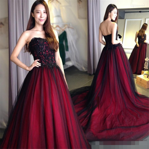 Gothic wedding dresses Sweetheart Lace Up Back Floor Length Long Black Burgundy robe de soiree vestido longo de festa Bridal Gowns